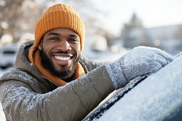 Smiling man clearing snow from his car on a winter morning in a suburban neighborhood