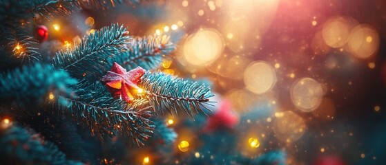 Fototapeta premium Magical Christmas Tree Branch with Sparkling Lights and Festive Ornament