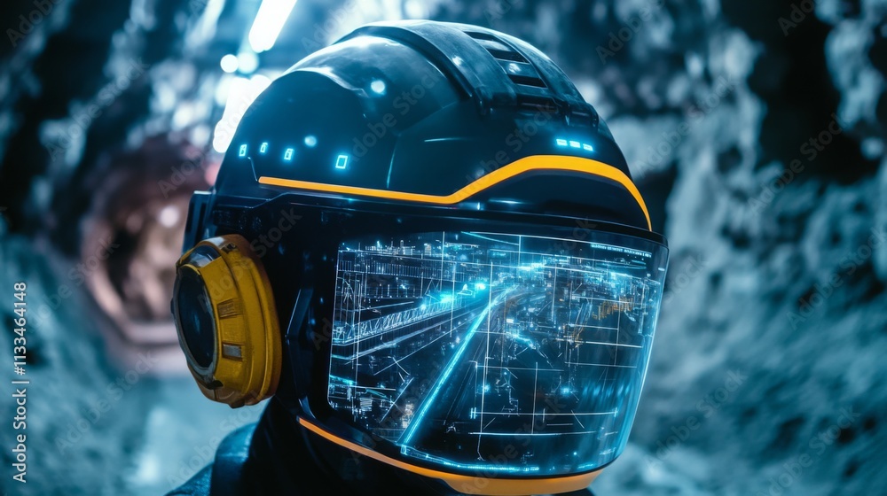 Aufkleber a miner equipped with a high-tech helmet investigates a gemstone-rich tunnel, utilizing ai tools for