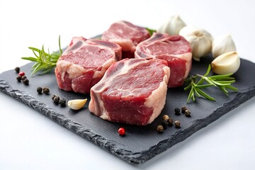 Fototapeta premium Fresh lamb chops with garlic and rosemary resting on slate plate