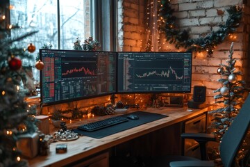 Trader analyzing cryptocurrency charts on multiple computer screens during christmas time