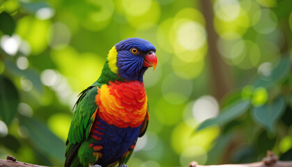 Obraz premium Colorful parrot perched among lush foliage in a vibrant tropical setting, showcasing nature's beauty and diversity