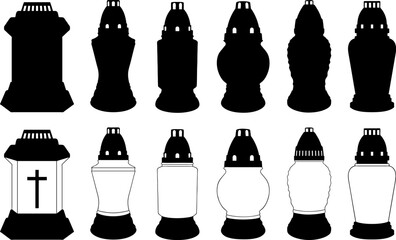 Collage of different cemetery memorial candles isolated on white background