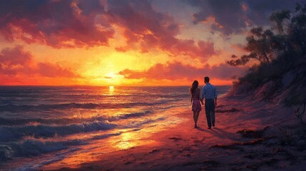 Fototapeta premium romantic sunset on the seashore, peaceful ocean view, vibrant twilight colors