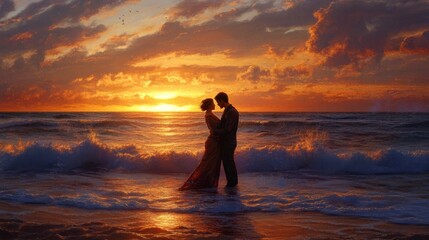 romantic sunset on the seashore, peaceful ocean view, vibrant twilight colors