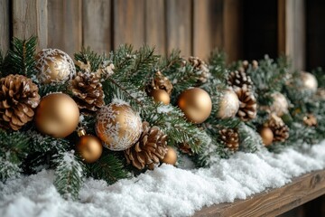 Christmas garland hanging on fireplace with snow covered pine cones and ornaments