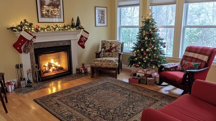 Cozy Holiday Living Room with Christmas Tree and Stockings Decor
