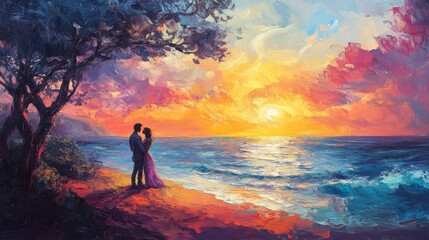 Fototapeta premium romantic sunset on the seashore, peaceful ocean view, vibrant twilight colors