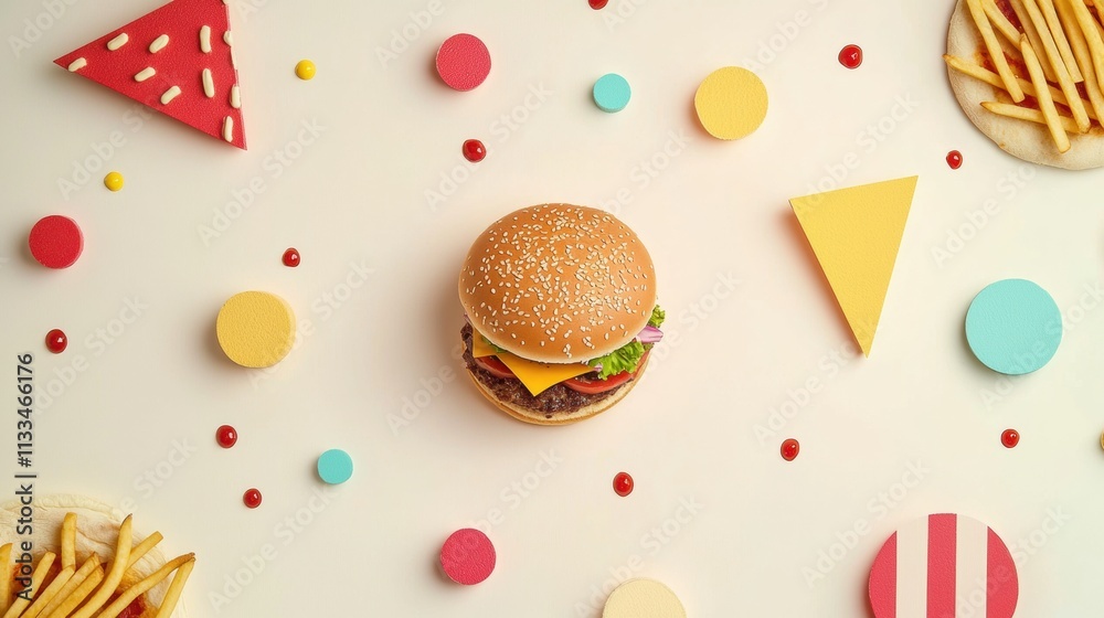 Poster colorful abstract shapes of burgers, pizza slices, and fries are artistically arranged on a light ba