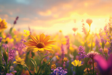 Naklejka premium Beautiful colorful spring flowers on the meadow with soft lighting