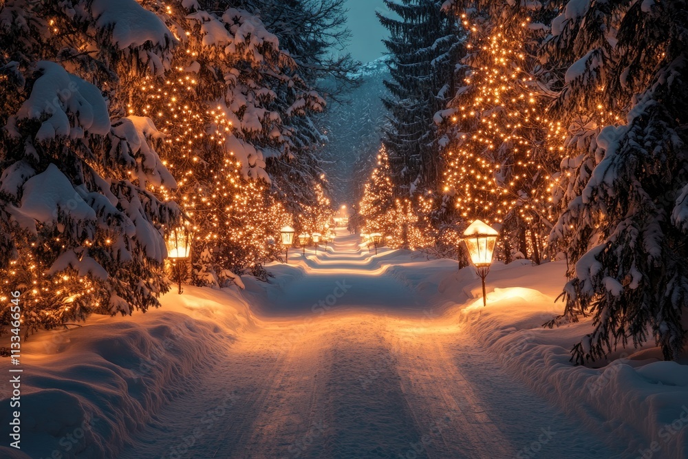 Poster christmas lights illuminating snowy path at night between spruce trees