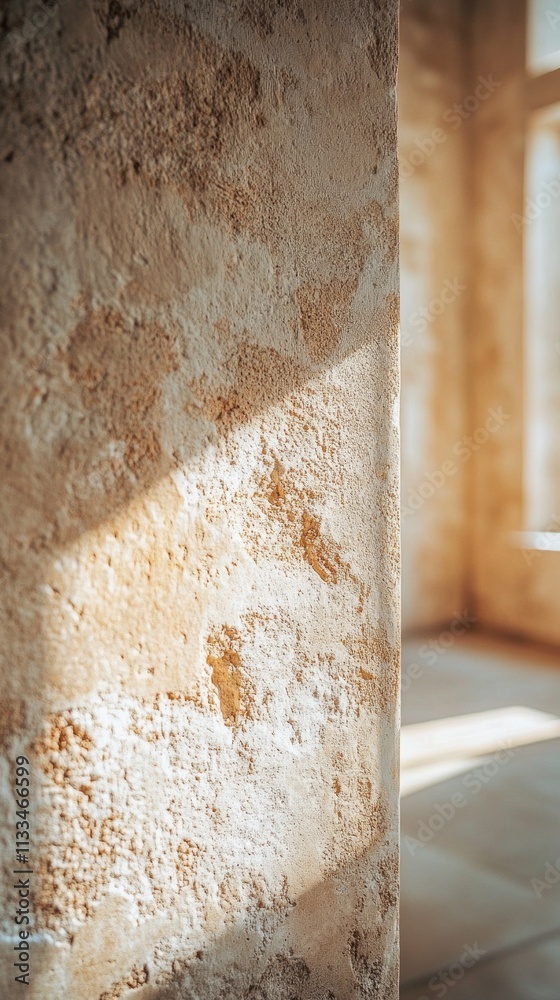 Poster Sunlight streams through a window, bathing a textured wall in warm hues. The interplay of light and shadow showcases the rustic charm and intricate details of the surface