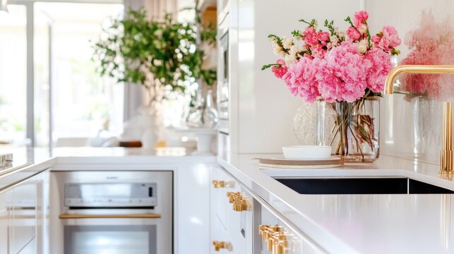 Elegant Kitchen Interior with Flowers and Modern Fixtures