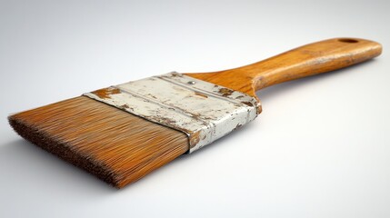 Old paintbrush with wooden handle, slightly angled, on a plain background.