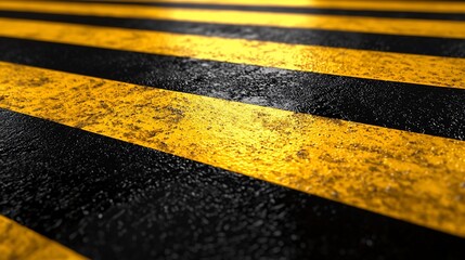 Fototapeta premium Grungy yellow and black stripes on wet asphalt.