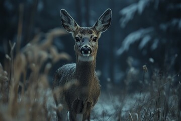 Young deer in snowy, wintry woods.