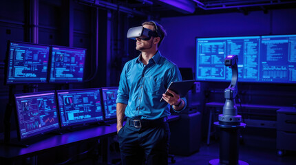 It specialist using virtual reality headset and digital tablet, managing and controlling software development process in high-tech office