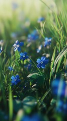 Lush green field surrounded vibrant blue flowers picture
