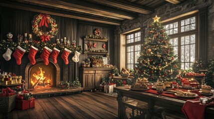 Naklejka premium Cozy and Festive Christmas Interior with Tree and Decorations