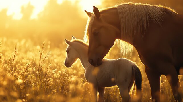 Golden hour sunlight illuminates a mare and her foal standing in a tall grass field.