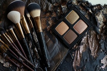 A grunge-inspired flat lay with shimmering bronzers, glitter-infused blushes, and metallic brushes, displayed with a distressed leather dress.