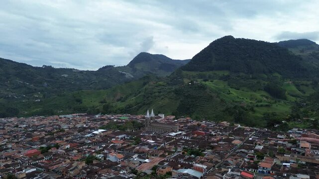 Aerial drone footage of Jardin, Colombia in South America, Iglesia y Parque