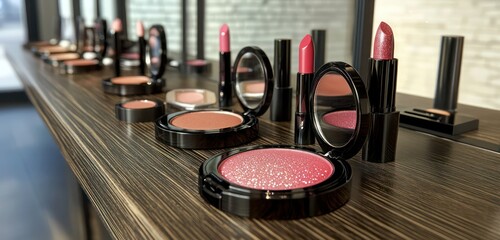 A grunge-inspired makeup setup with shimmering blushes, glitter-infused highlighters, and bold lipsticks, displayed on a sleek wooden counter.