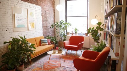 Cozy Living Room with Plants and Bright Furnishings in Urban Setting