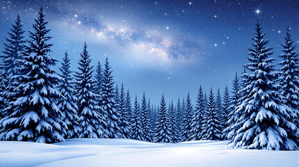 Snowy forest with tall pine trees covered in snow under a starry night sky, perfect for winter scenes, Christmas cards, or evoking a sense of tranquility and wonder.