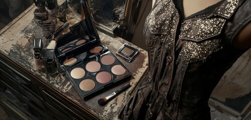 A grunge-inspired vanity setup with bold highlighters, glittery eyeshadows, and metallic blushes, paired with a distressed leather dress.
