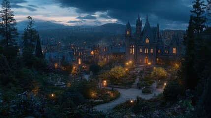 Fototapeta premium Enchanting Gothic Castle Surrounded by Serene Gardens at Dusk