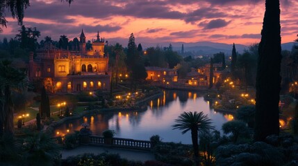 Obraz premium Serene Evening at Historic Castle Surrounded by Lush Landscape