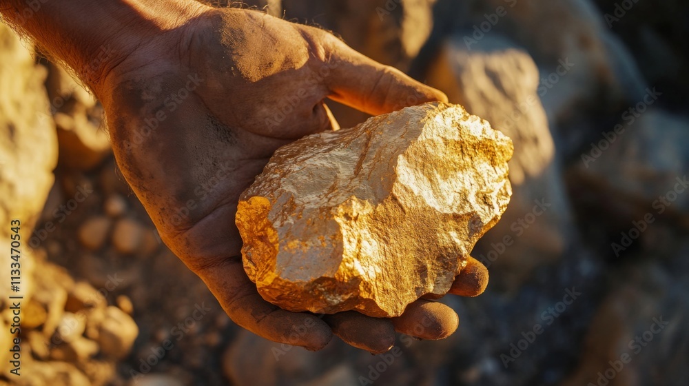 Poster A person holds a large, rough gemstone in their hand, showcasing its shiny surface and unique texture.