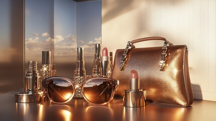 A high-end fashion display featuring leather handbags, oversized sunglasses, and metallic accessories, with a makeup station offering shimmering lipsticks and highlighters.