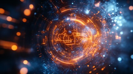 Obraz premium A high-tech, glowing circular digital interface radiates vibrant orange and blue energy in a futuristic, abstract design. The image represents technology, innovation, and data processing in a digital