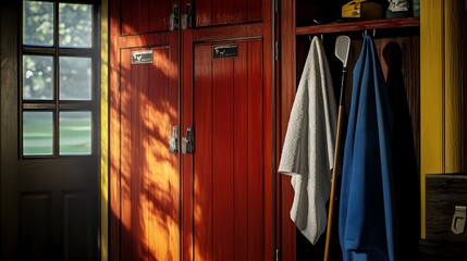 Exploring vibrant colors of a gym locker with sports gear and personal items highlighted by soft ambient light