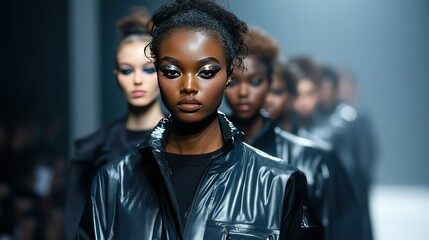 A high-fashion runway scene with models dressed in monochromatic outfits, sporting bold eyeshadow trends in metallic shades.