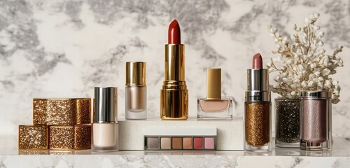 A luxurious beauty display featuring metallic lipsticks, organic skincare serums, and glittery eyeshadow palettes, set against a marble background.