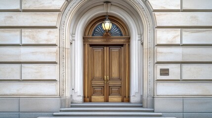 Fototapeta premium Elegant Wooden Door with Ornate Archway in Refined Building Facade
