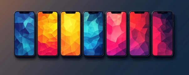 Colorful geometric patterns displayed on modern smartphone screens