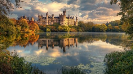 Naklejka premium Majestic Castle Surrounded by Autumn Foliage and Reflective Lake