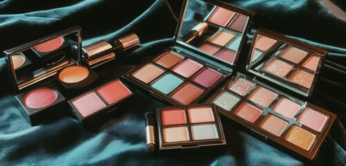 A luxurious flat lay of matte lipstick shades, pastel blushes, and sparkling eyeshadow palettes, arranged on a velvet backdrop.