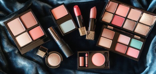 A luxurious flat lay of matte lipstick shades, pastel blushes, and sparkling eyeshadow palettes, arranged on a velvet backdrop.