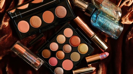 A luxurious flat lay of shimmering eyeshadow palettes, matte lipsticks, and holographic nail polishes, set against a velvet background.