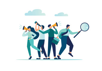 Search for candidates in the HR department, search for personnel for a vacancy, marketing search for a client or customer concept, vector illustration, a group of people is engaged in the search