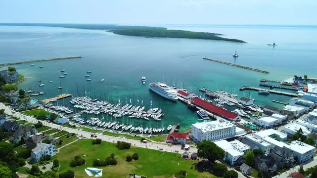 Mackinac Island Port and 18th century Fort Mackinac 4k aerial video