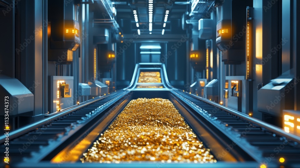 Poster a state-of-the-art gemstone processing facility showcases an automated conveyor transporting glitter