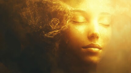 Obraz premium Golden face, eyes closed, ethereal, hazy, flowing hair.
