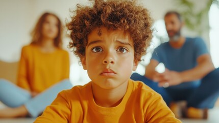 A worried child sitting in the foreground while parents sit distantly in the background, symbolizing the emotional impact on children during International Child-Centered Divorce Month.