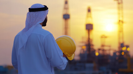 Arab engineer holding helmet watching oil rig at sunset in middle east desert